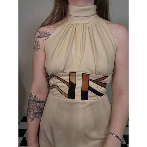 60s 70s Vtg Boho Cream Tan High Neck Maxi Open Back Dress Suede Leather Accent - Picture 6 of 10